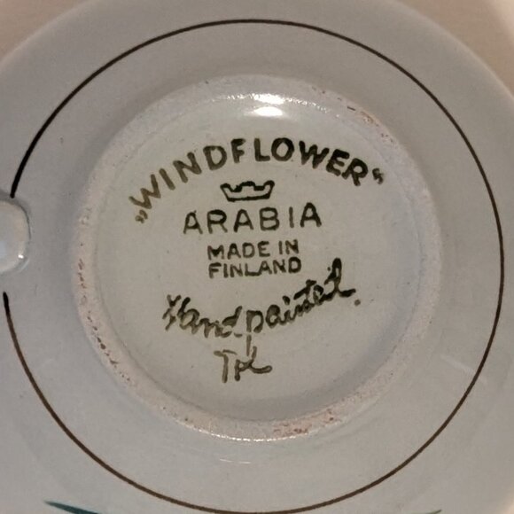 Vintage Handpainted Arabia Finland Windflower Teacup and Saucer with Flaw - Picture 5 of 11